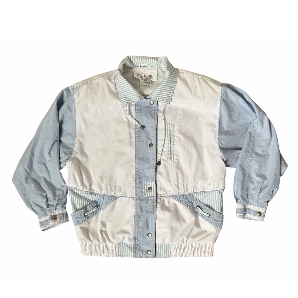 VTG 90s Westport Ltd. Womens Windbreaker Jacket Cotton Blend Blue and White Sz M